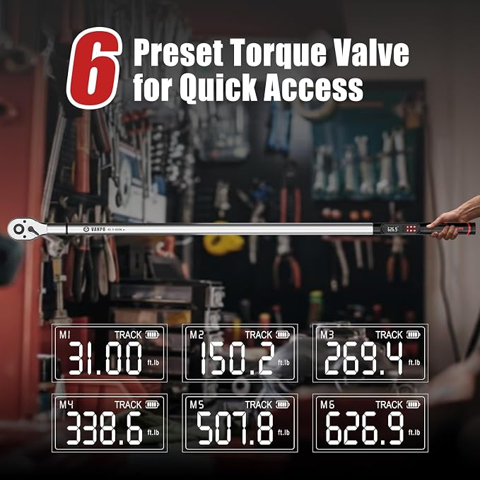 VANPO Digital Torque Wrench 3/4-Inch 31–627 ft-lb for Heavy Equipment | ±2% Accuracy, Electronic Torque Wrench with LED, Buzzer, Vibration Alert for Heavy Truck, Industrial Equipment & Agricultural