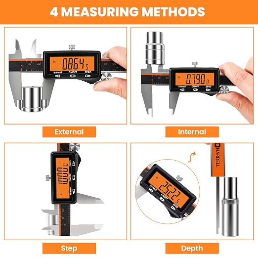 HARDELL Calipers 8", Rechargeable Digital Caliper with Large Orange Screen (Non-Backlit), Stainless Steel Auto-Off Micrometer, Inch/mm/Fraction for DIY/Household/3D Printing