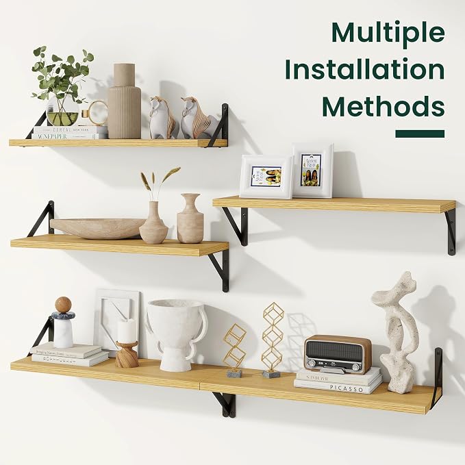 Floating Shelves 8 Inch Deep, 16W x 8D Wall Shelf Set of 2, 35 lbs Heavy Duty Reversible Metal Brackets, Industrial Book Shelf for Living Room Kitchen Bathroom Bedroom Gallery Wall, Oak