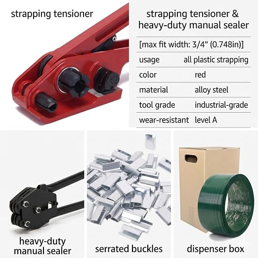 Heavy Duty Pallet Packaging Banding Strapping Kit - Complete Manual Banding Tool Set with 1000ft 5/8'' Polyester (PET) Strapping,Tensioner(Red)