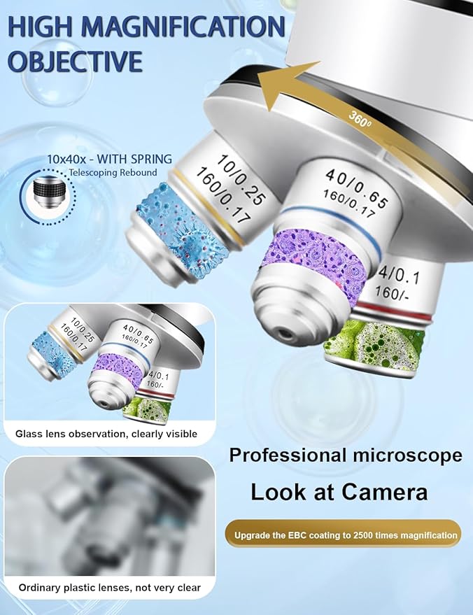 Microscope for Adults WF10x and WF25x eyepieces, 40X-2000X Magnification USB Camera, Microscope for Adults Suitable for Laboratory School Home Education（White Microscope）