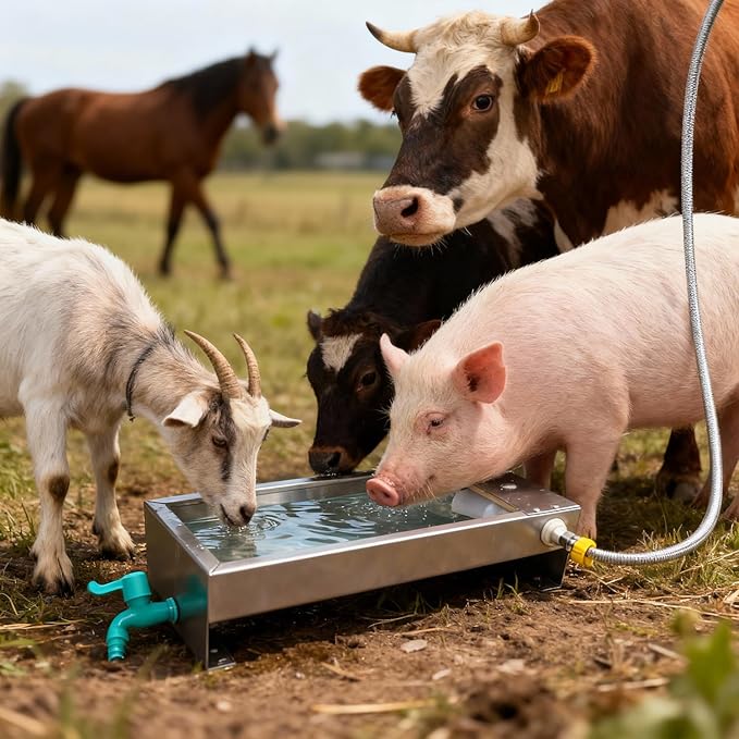 Automatic Livestock Water Trough 3 Gallons/12 Quart Livestock Animal Stainless Steel Automatic Waterer with Float Valve Kit for Goat Cattle Horse Hog Pigs Dog Outdoor, 22" L x8.6 W x 5.1" H