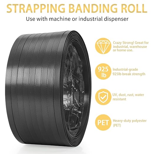 Heavy Duty PET Banding Strapping Kit, 1700ft x 5/8″ 925lbs Break Strength Industrial-Grade Black Polyester Plastic Packaging Strapping Roll with 200 Metal Seals for Pallets, Logistics, Warehouse
