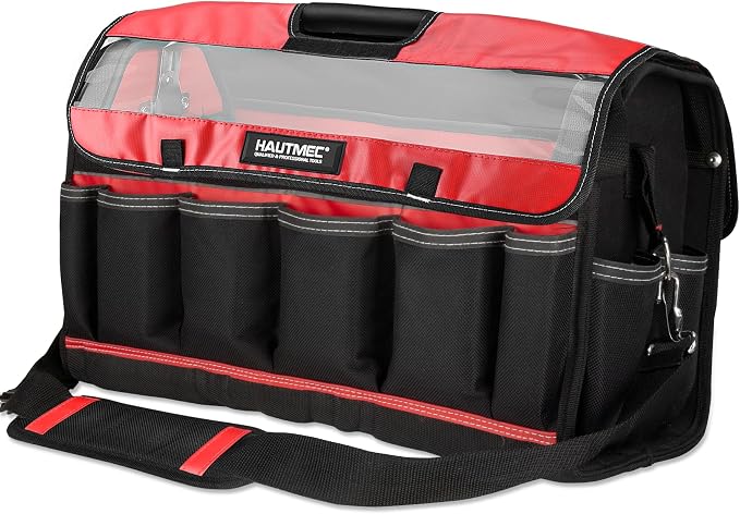 HAUTMEC 20" Heavy-Duty Tool Tote Bag with Waterproof Clear Cover, Open Top Large Tool Bag with Rotating Handle, Rigid Frame, Wear-Resistant Hard Base & Padded Shoulder Strap – HT0296