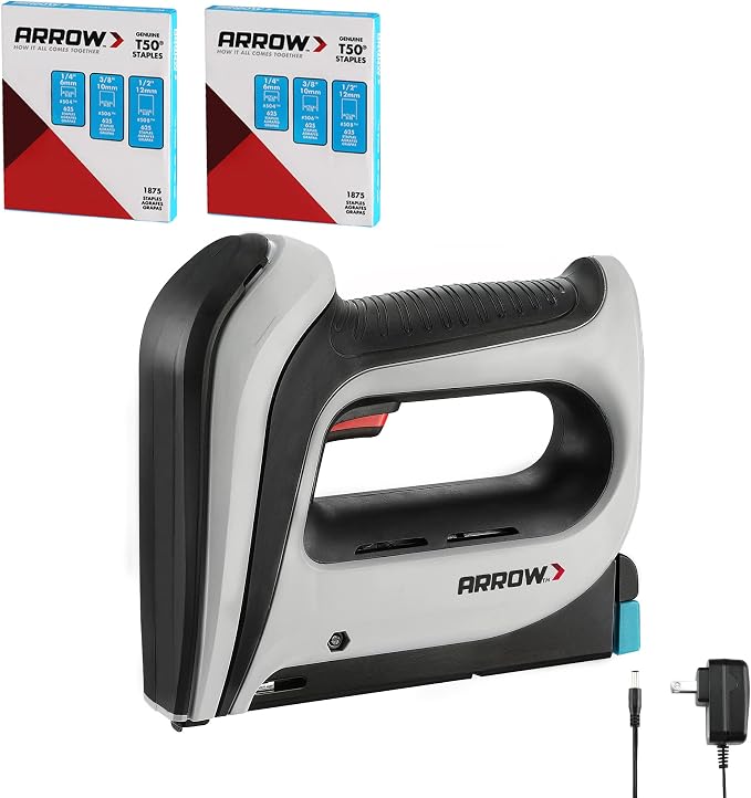 Arrow Cordless Staple Gun Kit, Electric Stapler with 3750 Pieces T50 1/4", 3/8", 1/2" Staples, for Upholstery Professional and DIY Projects, T50DCD