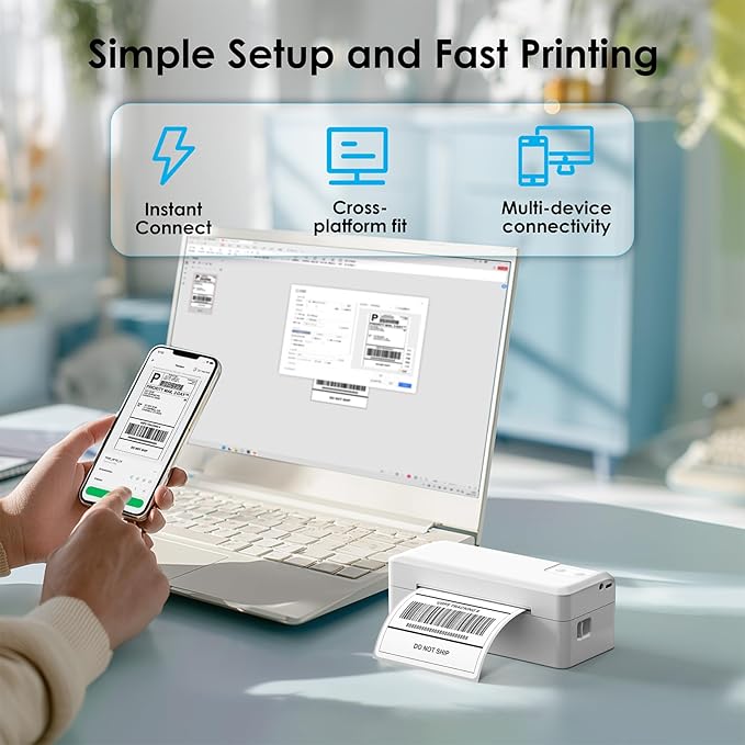 KNAON Shipping Thermal Label Printer, 4x6 Portable Label Printer, Bluetooth Label Maker for Small Business, Support iPhone,Android,Windows,Mac,Chromebook,Works with USPS, Etsy,Shopify&More, White