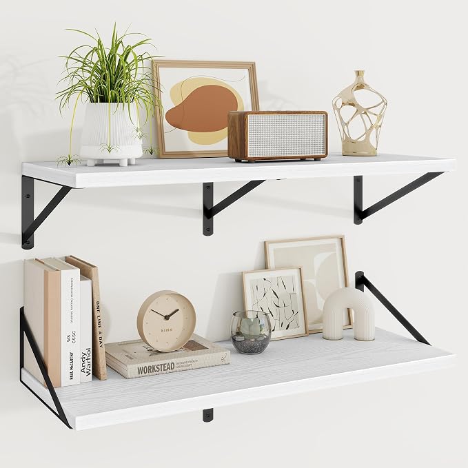 Floating Shelves 12 Inch Deep, 36W x 12D Wall Shelf Set of 2, 60 lbs Heavy Duty Reversible Metal Brackets, Deep Industrial Book Shelf for Living Room Kitchen Bath Bedroom Coffee Bar, White