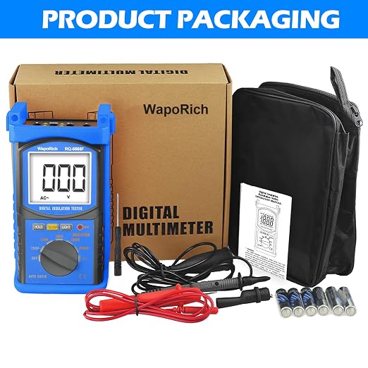 Digital Insulation Resistance Tester, RQ-6688F Voltage Tester 250/500/ 1000/ 2500V, Auto Range Megohmmeter 1MΩ~20GΩ, Resistance Tester with 1999 Count LCD Display, Data Hold, Back-Light （Battery）
