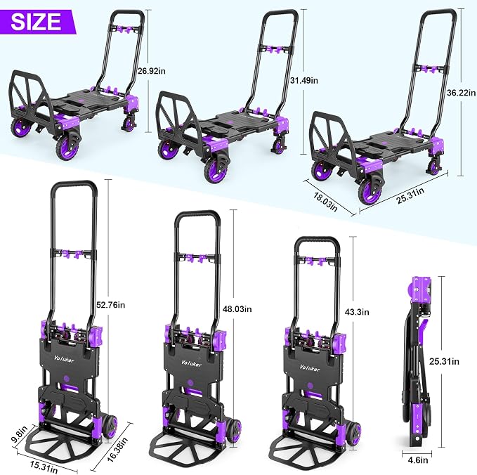 330LB Folding Hand Truck Moving Dolly, Hand Trucks Heavy Duty Combination of 4 Wheels and 2 Wheels Convertible Dolly Cart with Retractable Handle Dolly for Moving Office Carts(Purple)