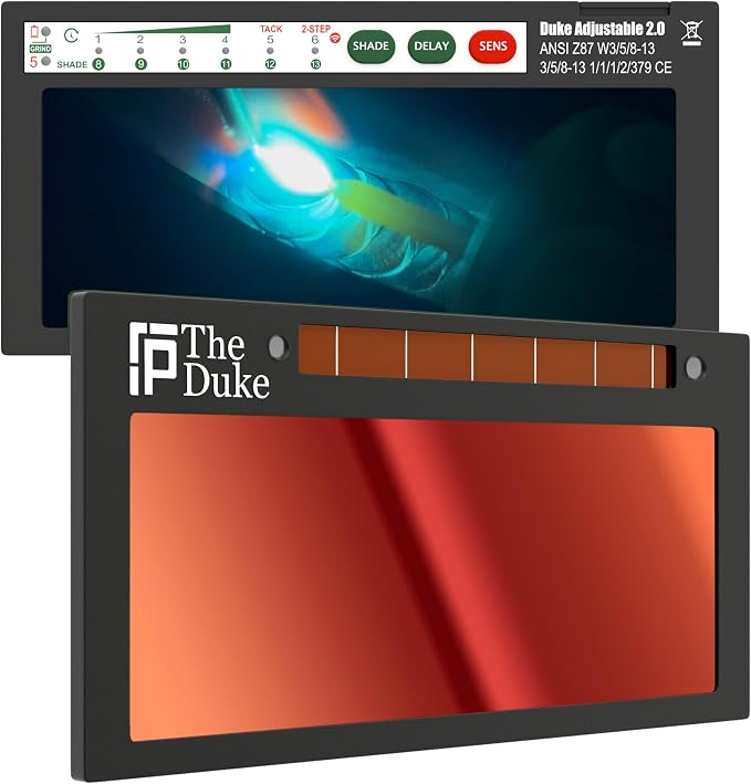 The Duke Adjustable 2.0 | Adjustable Shade 8-13 Red Auto Darkening Welding Lens With Grind Mode | 5A TIG Rating - No Flashing | 2" X 4.25" X 0.2" | Red Welding Lens - Green Puddle | Royal Series 2.0