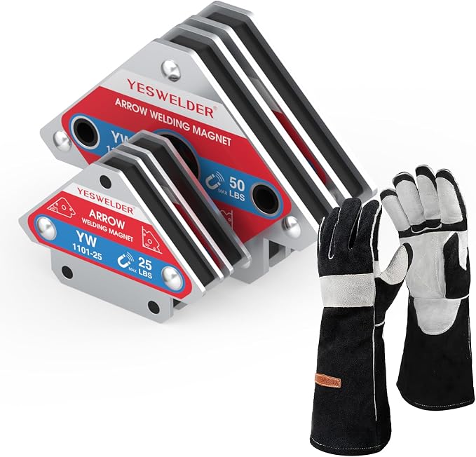YESWELDER 25 LB & 50LB Welding Magnet-4 Pieces of Magnetic Welding Holder 25 LBS /50 LBs Holding Power & Leather Forge MIG Welding Gloves, with Kevlar Stitching Heat/Fire Resistant