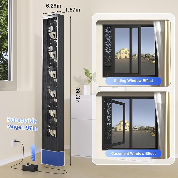Vertical Window Fan for Sliding Windows (Black, 100~105cm/39.4~41.3in) | No Drilling Required Installation, Adjustable Wind Speed, 1.97 IN Retractable, for Bedroom Bathroom Kitchen Office
