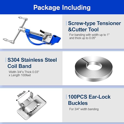 VerRich Steel Banding Strapping Kit-Screw-Type Tensioner & Cutting Tool, 3/4" * 100Ft S304 Banding Coil, 100pcs Buckles,Banding Tool for High Tensile Packing