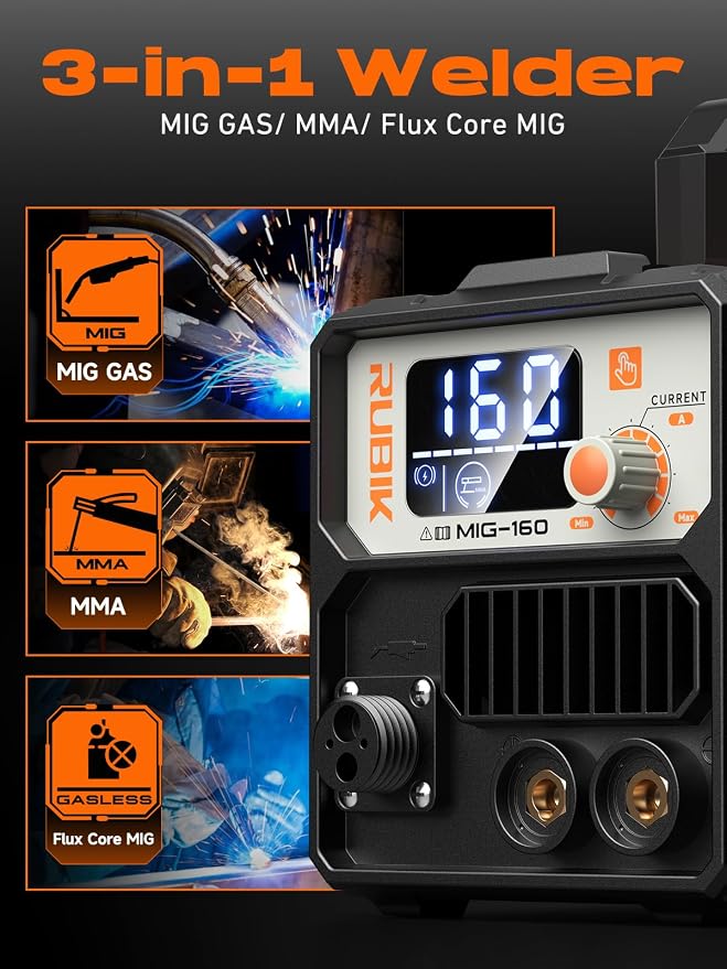 160A MIG Welder,Flux MIG/Lift TIG/Stick MultiProcess Mig Welder | 3 in 1 Gasless Welder,110V Welding Machine, IGBT Inverter Synergic Control, Ideal Mig Welding Equipment for Welders