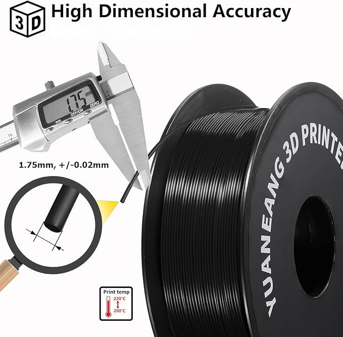 Black PLA 3D Printer Filament 1.75mm, 1kg Spool, ±0.03mm Dimensional Accuracy, Low-Warp & Easy Printing, Ideal for Prototypes, Models