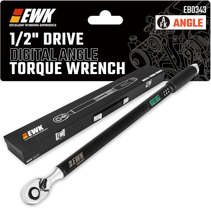 EWK 1/2" Drive Digital Angle Torque Wrench 12.5-250 ft-lbs (17-340 Nm) | ISO 6789, ±1.5% clockwise / ±2.5% counterclockwise/ ±2% Angle, LCD Display, LED Buzzer Vibration Alert, 30 Memory Values