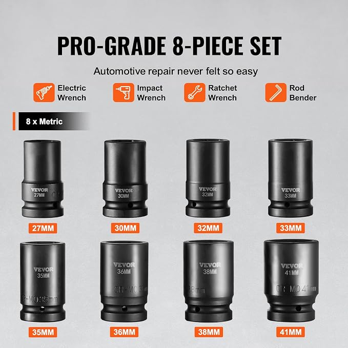 VEVOR 1" Drive Impact Socket Set, 8 Piece Deep Socket Set Metric 27-41mm, 6 Point Cr-Mo Alloy Steel for Auto Repair, Easy-to-Read Size Markings, Rugged Construction, Includes Storage Case