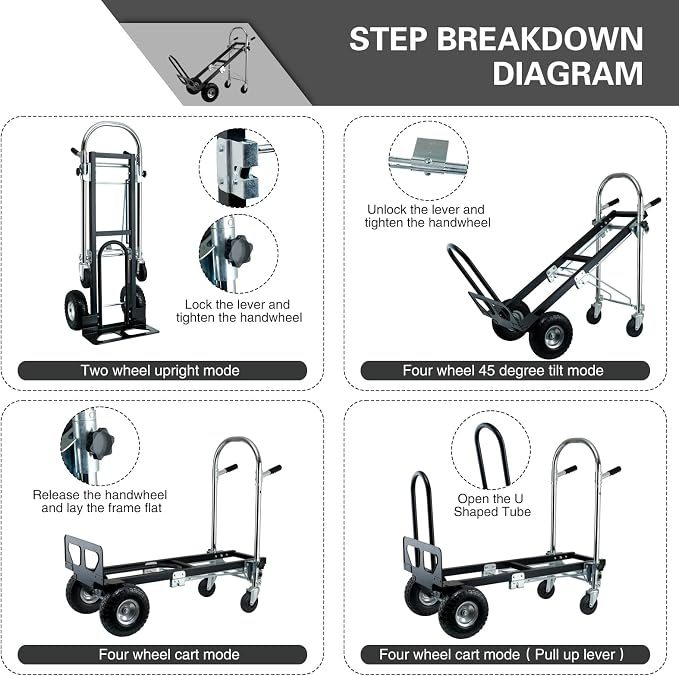 3 in 1 Industrial Convertible Hand Truck Dolly,Dolly Cart with Wheels 1000 Lbs Capacity,Appliance Dolly with Solid Wheels for Moving,Transport in Warehouses,Home,Factory,Supermarket (Black)