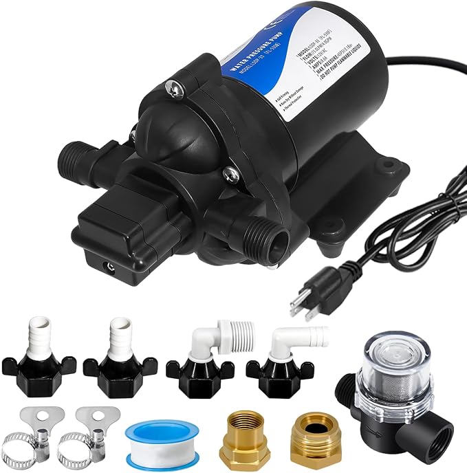 110V AC Water Pressure Booster Pump for RV,45PSI 4GPM Camper Transfer Pump with Plug,On Demand 3-Chamber Self-Priming Water Pump with Filter for Marine Yacht Caravan Garden Hose Bathroom