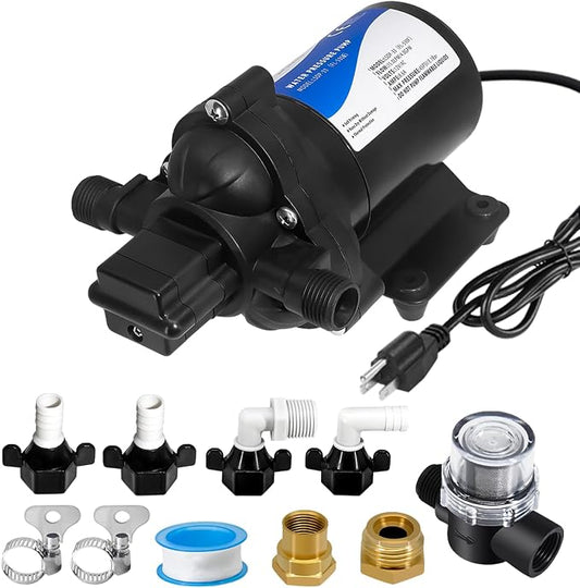 110V AC Water Pressure Booster Pump for RV,45PSI 4GPM Camper Transfer Pump with Plug,On Demand 3-Chamber Self-Priming Water Pump with Filter for Marine Yacht Caravan Garden Hose Bathroom