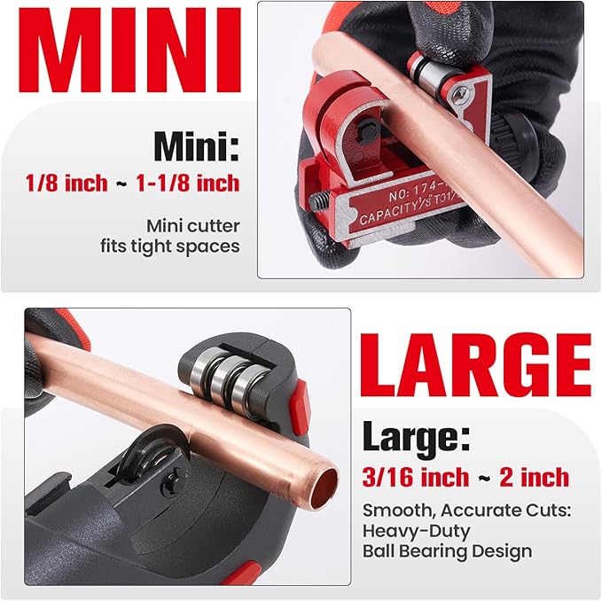 Copper Pipe Cutter Kit, 1/8-1-1/8 in Mini Tube Cutter, 5-50 mm Bearing Pipe Cutter, Deburring and Chamfer Tools, Pipe Cleaning Brushes and EVA Case for HVAC and Plumbing