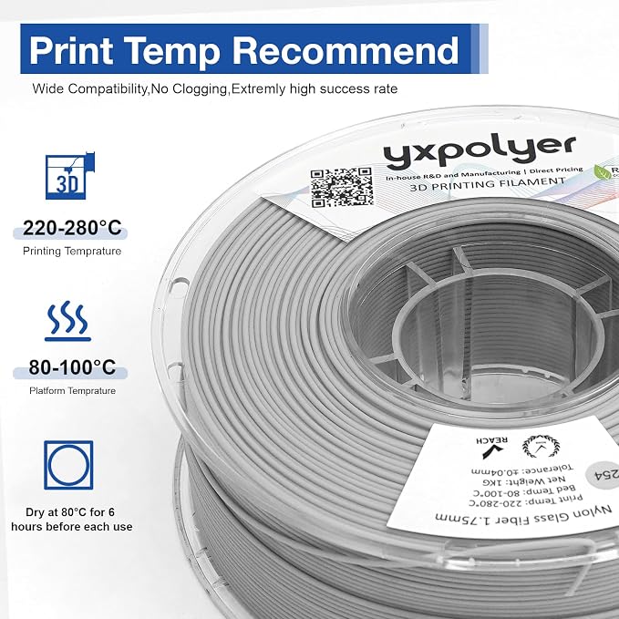 Nylon Glass Filled Filament Grey Nylon Glass Fiber 1.75mm PA GF 3D Printer Filament PA6-GF 1kg with Reusable PC Spool