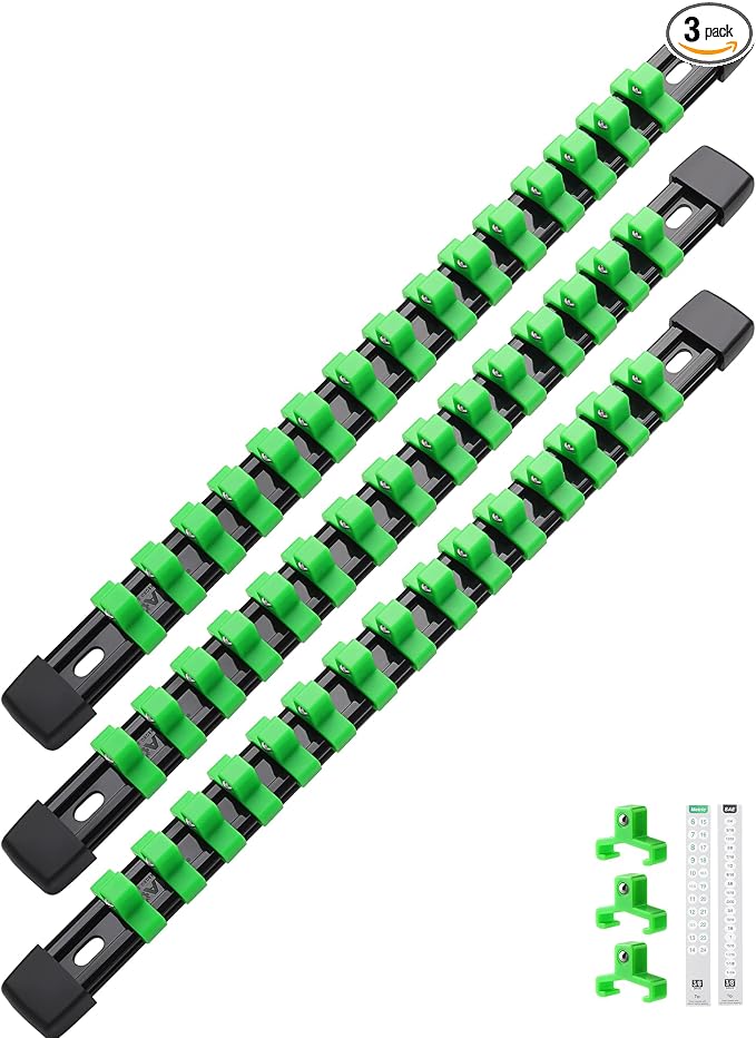 ALOANES 3PC ABS Socket Organizer, Socket Rails Fit 3/8 inch Drive | Portable Heavy Duty Socket Holders Hold up 45 Sockets for Mechanics Toolbox Drawer Bags(Green)