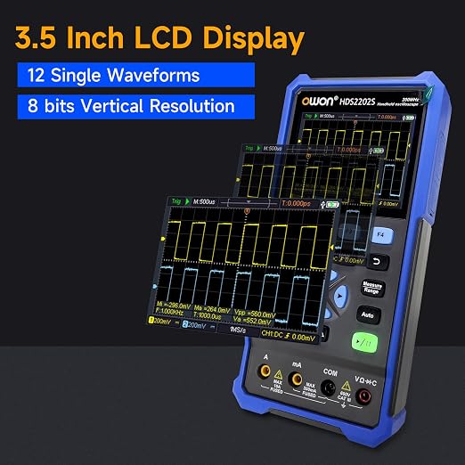 OWON Handheld Oscilloscope Multimeter, 2 Channels, 200MHz Bandwidth, 1GS/s Sampling Rate, 20000 Counts, 3 in 1 Portable Digital Automotive Oscilloscope, Voltage, Current, Capacitor HDS2202S