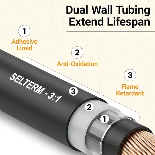 SELTERM Large Size Marine Grade Heat Shrink Tubing Kit 1, 3/4, 1/2, 5/8 Inch Assortment, 3:1 Dual Wall Adhesive Lined, for Battery Cable Lugs Wire Terminal Connectors - Black [108 pcs]