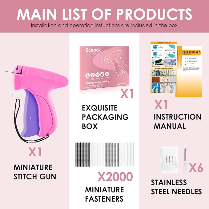 Stitch Gun for Clothes - Handheld Stitch Gun Quick Clothing Fixer - Tagging Gun - Includes 6 Needle, 1000 Black Fasteners & 1000 White Fasteners