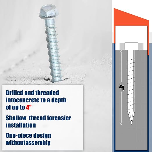 Tandefio 100 Pack 1/4 x 4 Concrete Screw Anchors Galvanized Large Diameter Heavy Duty Plated Concrete Anchors for Masonry Brick Anchoring Block Decking Framing Hex Drive
