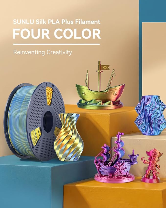 SUNLU Silk PLA+ Filament 1.75mm, Chrome Like Gloss Finish, Smooth Silk Texture, Four Color Appearance from Different Angles, 1kg(2.2lbs) PLA Plus 3D Printer Filament, Red Yellow Green Black