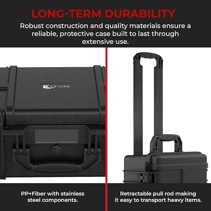 Reflex Camera Large Protective Rolling Hard Camera Case suitable for Drones, Lens, DSLR & Guns. Smooth Rolling Wheels, Waterproof IP67, Shockproof with Adjustable Compartments Dividers