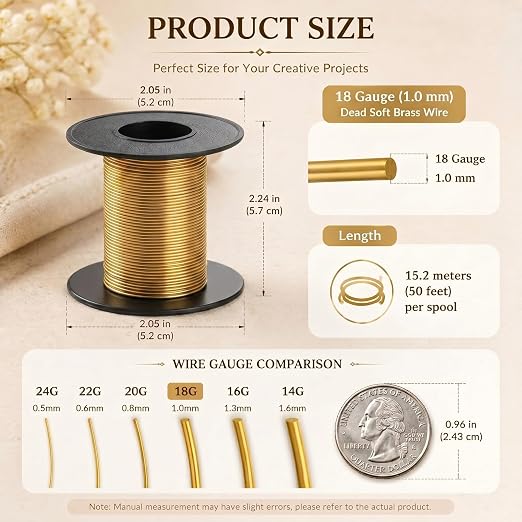 Therwen 50ft 18 Gauge Brass Wire for Gardening, Electroculture, Bonsai, Jewelry Making Beading DIY Craft Pure Bare Brass Wire Spool