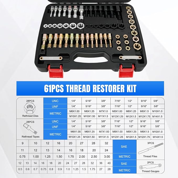 Nilight 61PCS Thread Chaser Set SAE Metric Master Thread Repair Kit with Case 28 Taps 28 Dies 3 Files 2 Gauges Universal UNC UNF Sizes Automotive Tool for Mechanic Auto Shop Home Garage Repair