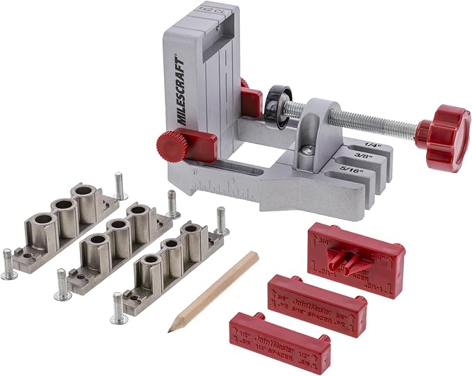Milescraft 1334 Joint Master – Self-Clamping Aluminum Doweling Jig. Creates Edge, Corner, and Surface Joints. Includes Centering Spacers. For 1/4in, 5/16in, and 3/8in Dowel Pins