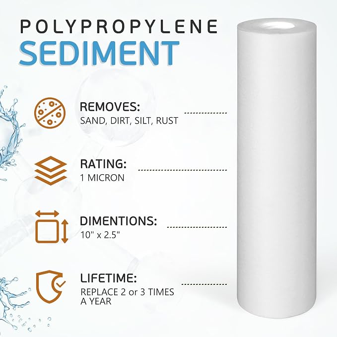 Ronaqua 1 Micron Sediment Water Filter Cartridge 10"x2.5", NSF Certified, 4-Layer Filtration for any 10-inch RO Units & Whole House Systems, Compatible with Culligan P5, AP110, WHKF-GD05, 50 Pack