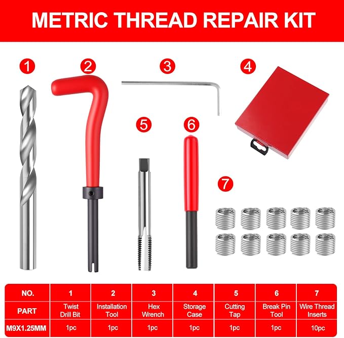Helicoil Metric Thread Repair Insert Kit, M9X1.25mm Rethreading | Thread Repair kit with HSS Drill Bits, Rethreading Inserts Tool Set for Damaged Thread Repairing with Carry Case
