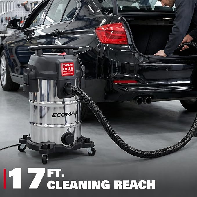 ECOMAX 8 Gallon Ultra Quiet Stainless Steel Shop Vacuum Wet and Dry | 4 Peak HP, 80% Quieter Operation, Durable Long Life Motor, Portable Vacuum for Garage, Workshop, Jobsite, Complete Accessory