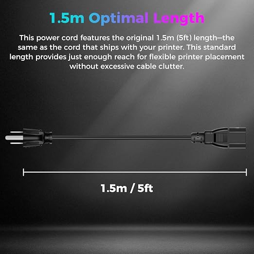 3D Printer Power Cord for Creality Ender 3/K1/K2/Bambu Lab A1/P1S/Flashforge AD5, Standard 1.5M/5FT 18AWG 3 Prong AC Power Cable for Electronics, Computer, TV, Laptop, Printer, Monitor, Radio and More