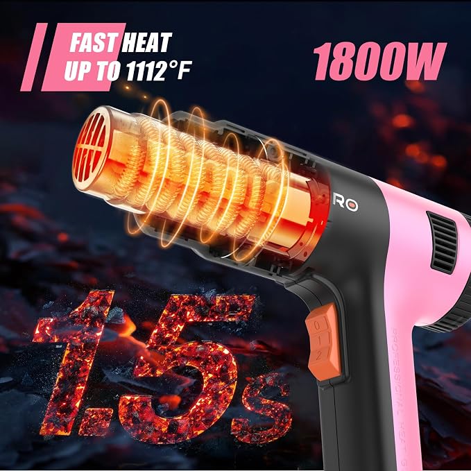 Heat Gun for crafting 1800W, 122℉~1202℉ Variable Temperature Control with 2-Temp Settings 4 Nozzles, 1.5s Fast Heating Mini Heat Gun for Resin, Shrink PVC Tubing/Crafts and Vinyl Wrap（Pink）