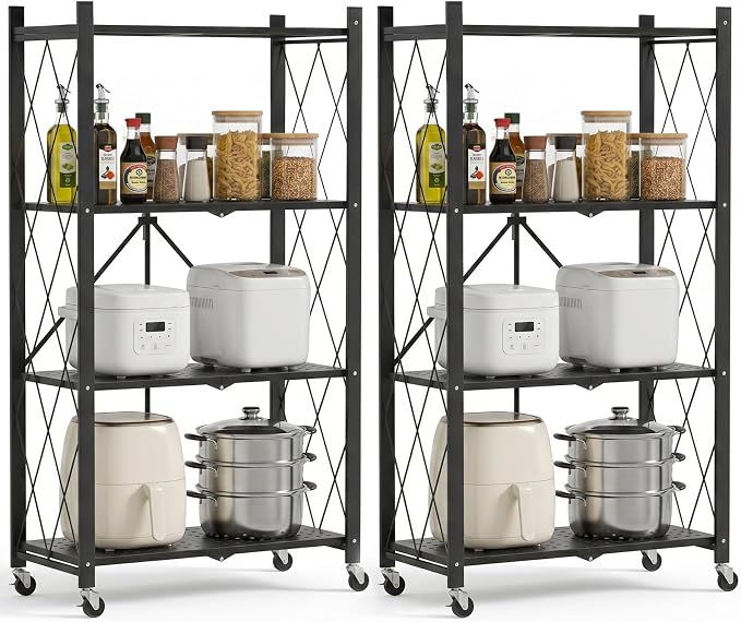 ALANNG 4 Tier Folding Storage Shelf on Wheels,Heavy Duty Metal Rolling Cart | 264 lbs Capacity, No Tools Assembly, Folds to 3.9", Lockable Casters, Portable for Kitchen Laundry Garage