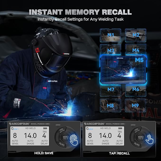 ARCCAPTAIN Premium Auto-Shade Welding Helmet, 4.6" x 3.2" Intelligent Large Viewing Screen Welding Hood, 1/1/1/1 Optical Clarity, Internal Display, Memory & Gradient, Built-in Parameter Recording