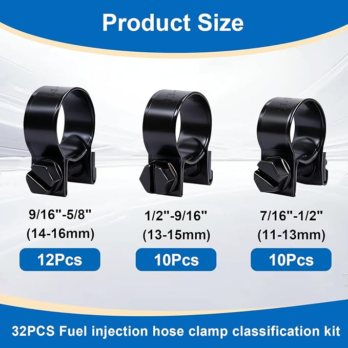 Tnisesm 32Pcs 1/4" 5/16" 3/8" Fuel Injection Gas Line Hose Clamps Black Clip Pipe Clamp Assortment Kit, Hoses Clamps Sleeving,for Automotive Diesel Petrol Pipe