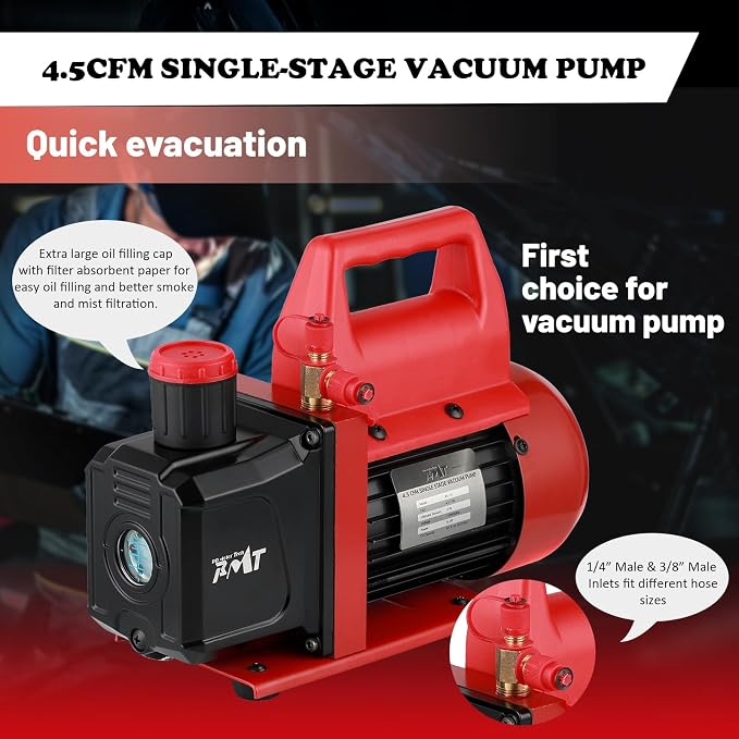 PB Motor Tech Vacuum Pump & Gauge Set - 4.5 CFM Pump with 3 Way Aluminum Manifold Gauge, with Leak Detector & PVC Storage Case - for R134A, R410A, R22, R404A Refrigerants & AC Maintenance