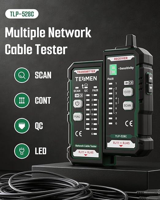 TESMEN TLP-528C Network Cable Tester, RJ11 RJ45, Ethernet Wire Tracer Toner for CAT5/CAT6 with Continuity & QC, LAN and Telephone line Finder, Suitable for Cable Maintenance and Sorting - Green