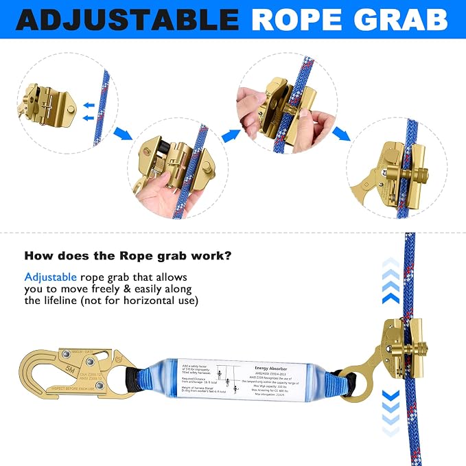 100FT Vertical Lifeline Assembly，Fall Protection Rope with Two Rope Grab Snap Hooks, Shock Absorber，Safety Climbing Equipment Roofing Safety Kit, CE ANSI