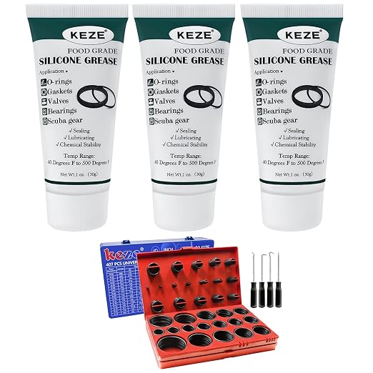 KEZE 826 pcs Universal SAE and Metric O Ring Kit and 1 oz 3-Pack Silicone Grease for Valve Sealant Faucet O Rings Faucet Automotive Hydraulic Pipe Repair