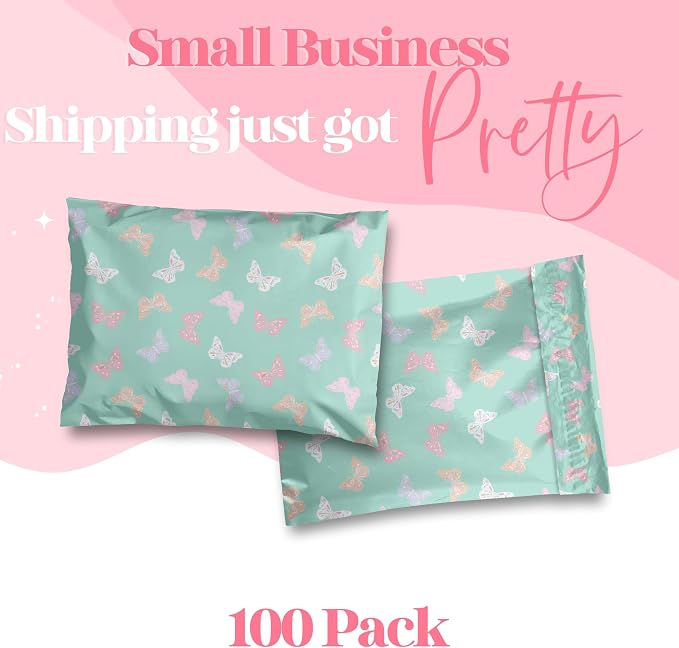 Pretty Package Store 10x13 Designer Poly Mailer 100 Pack Heavy Duty Waterproof Self Seal Shipping Bags for Small Business Large Mailing Envelopes Bulk Tear Resistant Packaging Butterfly