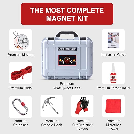 3600LB’s Complete Magnet Fishing Kit | Double Sided Fishing Magnet Kit with Case | Includes Strong Neodymium N52 Magnets, Durable 65ft Rope, Carabiner, Gloves, Grappling Hook & Carry Case